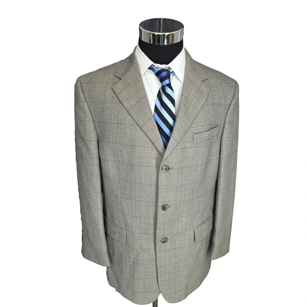 Joseph & Feiss  Blazer Jacket Men 42R Gray Windowpane Sports Coat 3 Button  Wool